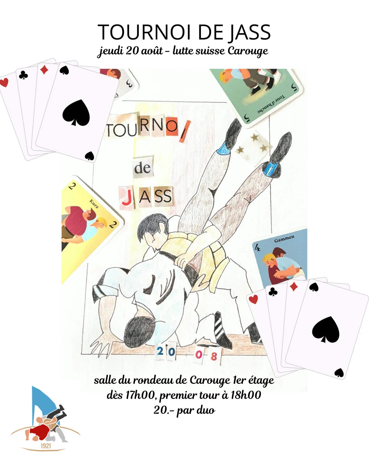 Plakat: Tournoi de Jass des Schwingklubs Carouge am 20. August 2026 in der Salle du Rondeau — eine gezeichnete Schwingszene, umrahmt von Spielkarten.