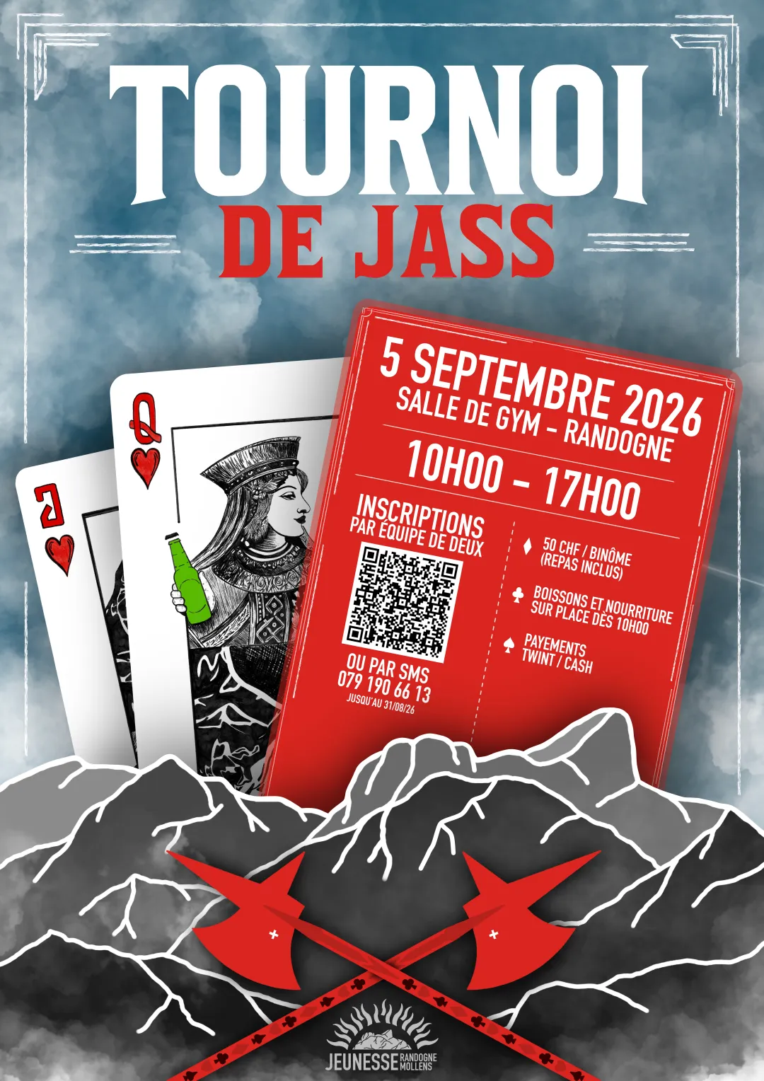 Plakat: Tournoi de Jass der Jeunesse Randogne-Mollens am 5. September 2026 in der Turnhalle Randogne.